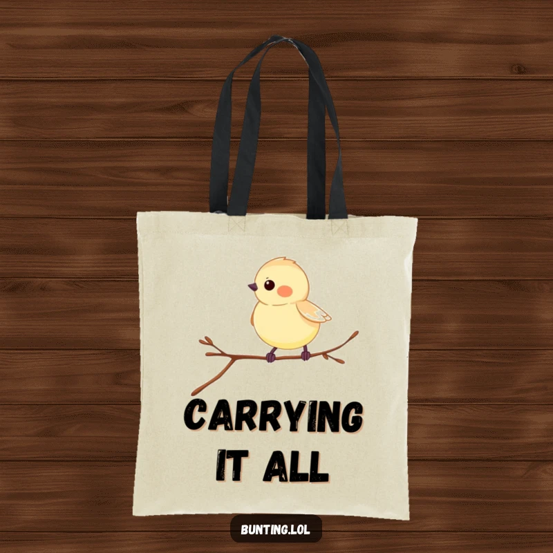 Funny Bunting Tote Bag with a bird playfully hopping on a twig, perfect for carrying essentials.