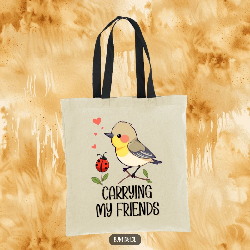 Funny Tote Bag: Bunting bird chirping with excitement at a passing ladybug, a humorous and charming accessory.