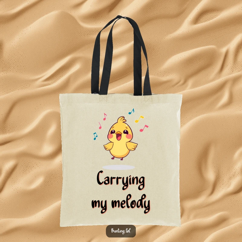 Funny Tote Bag depicting a small, vibrant bird character in full song, with musical notes swirling around, perfect for carrying essentials with flair.