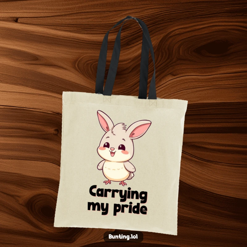 Funny Tote Bag featuring a cute bunting character doing a proud head bob, symbolizing confidence and accomplishment.