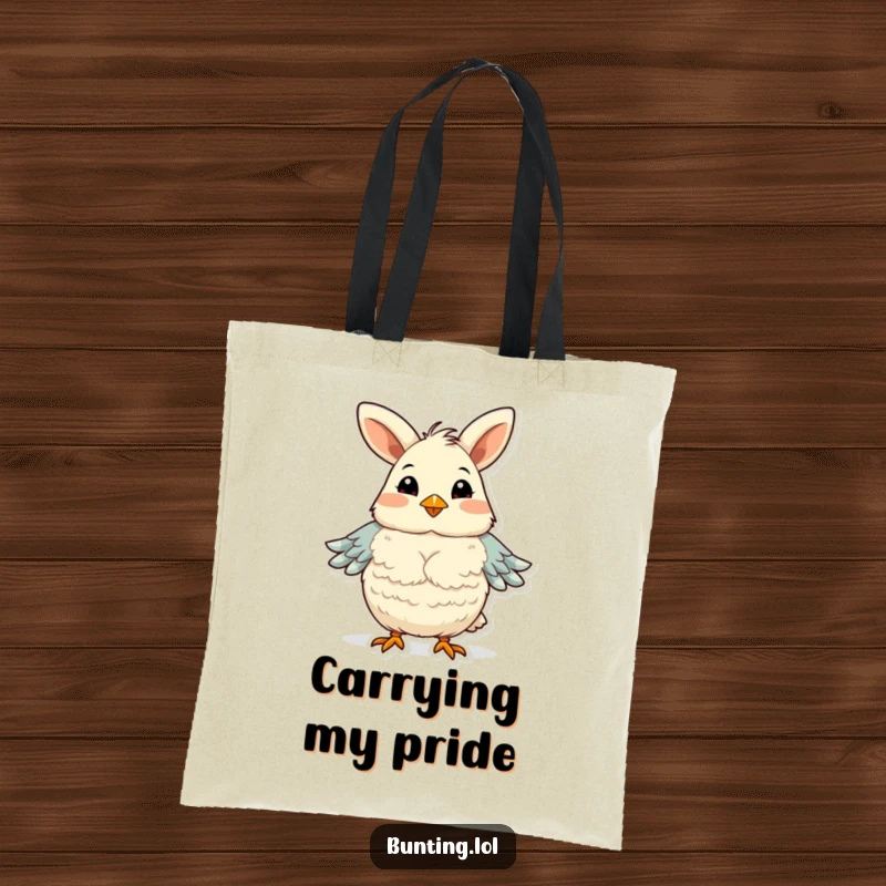 Funny bunting bird tote bag, humorously fluffing its chest feathers with pride, a confident and cheerful accessory.