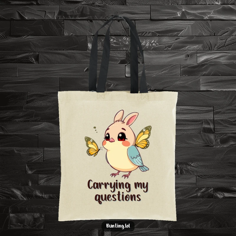 Funny bunting tote bag with a curious bird tilting its head at a butterfly, symbolizing wonder and exploration.