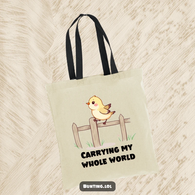Funny Tote Bag: A small, vibrant bird hops energetically on a fence post, a delightful and humorous accessory.