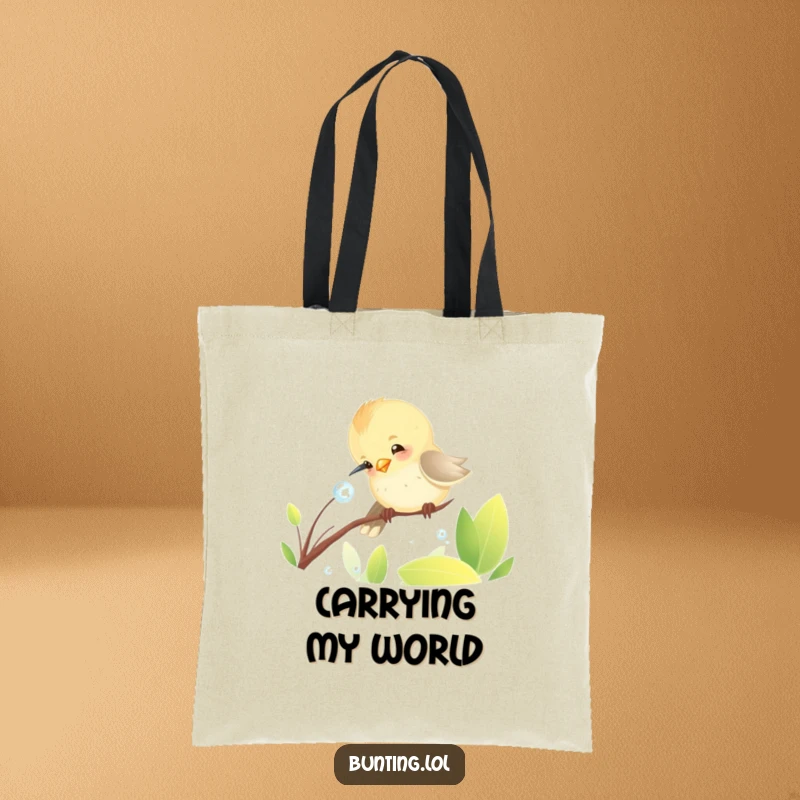 Funny Tote Bag featuring a delightful bunting bird in a funny pose, pecking at a tiny dewdrop with infectious charm and humor.