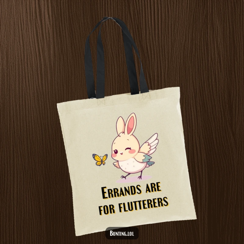 Funny bunting bird character caught in a delightful chase after a small butterfly, featured on a practical and stylish tote bag.