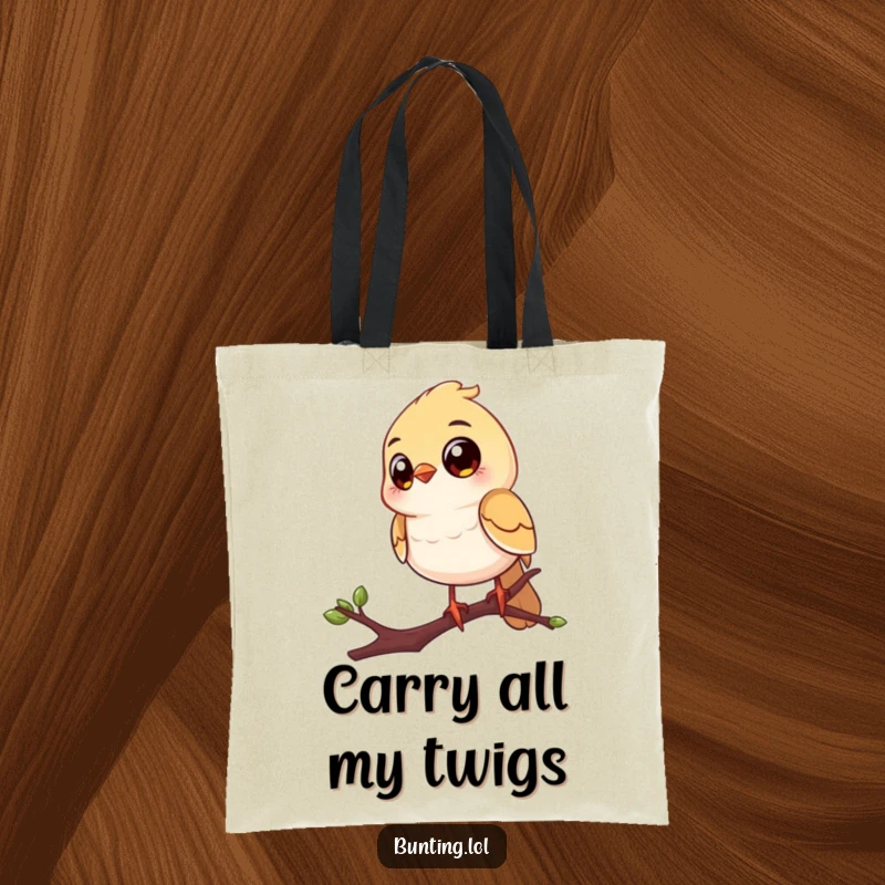 Funny tote bag with a cheerful bird having huge eyes, perched on a twig, looking around with comical curiosity.