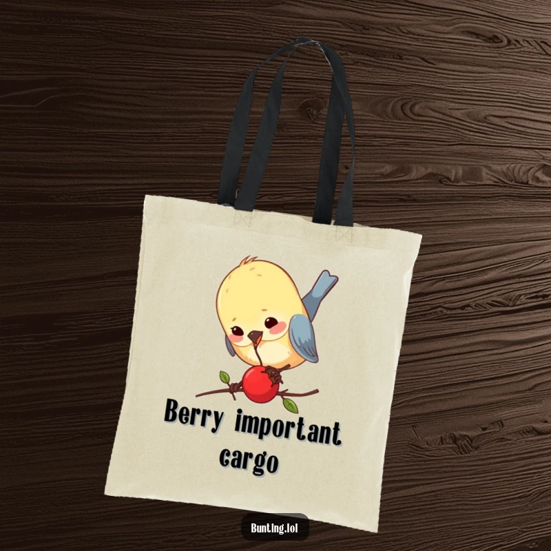 Funny bunting tote bag featuring a bird comically pecking a minuscule berry, designed for bird enthusiasts who love a good laugh.