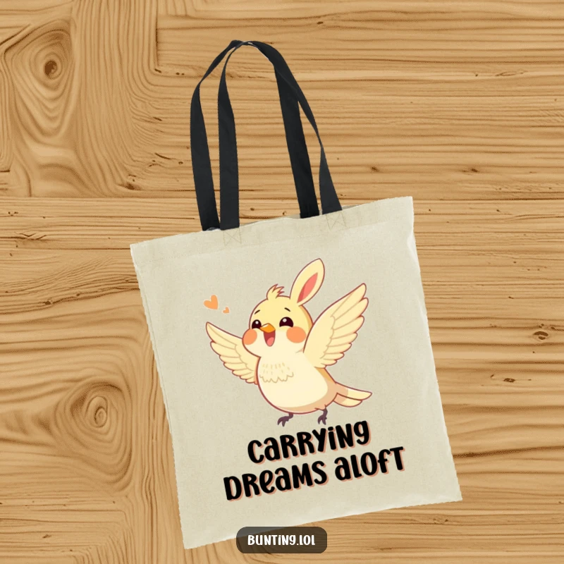 Funny bunting bird tote bag illustrating an excited bunting character fluttering its wings, perfect for carrying belongings with a humorous touch of energetic flair.