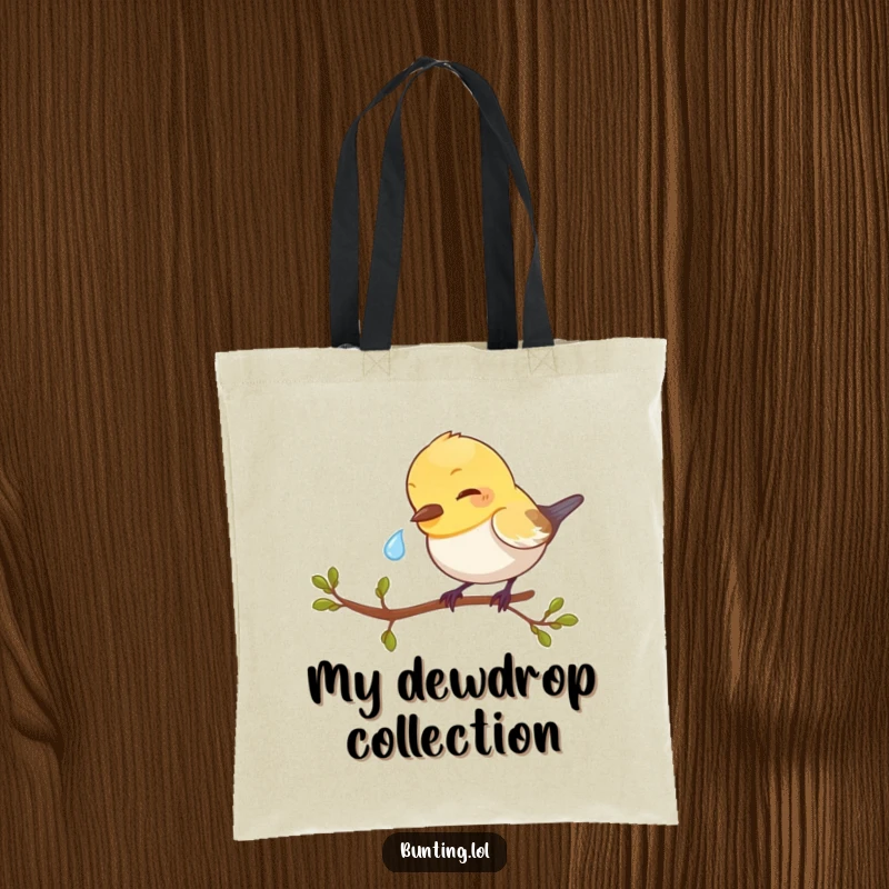 Funny Bunting Tote Bag showcasing a bird engrossed in pecking a dewdrop, a charming and functional accessory.