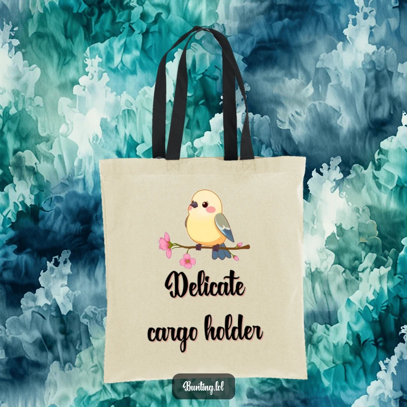 Funny Tote Bag: Bunting bird perching on a delicate flower stem, swaying gently, a humorous and elegant accessory.