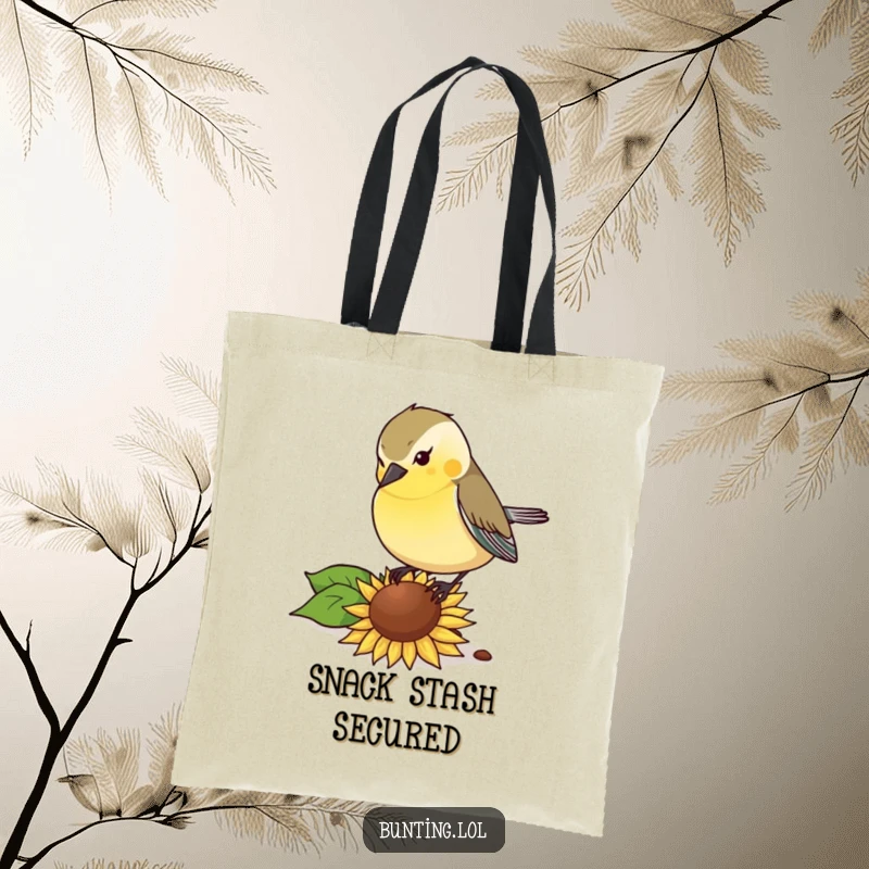 Funny Tote Bag: Bunting bird pecking with gusto at a sunflower seed, a humorous and functional accessory.