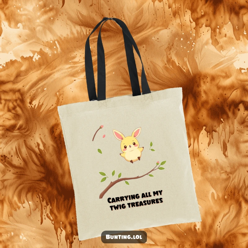 Funny bunting bird tote bag featuring a cute character playfully hopping from twig to twig, perfect for bird lovers.