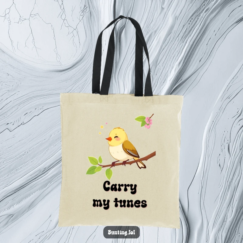 Funny bunting bird tote bag showcasing a joyful songbird chirping merrily on a branch, perfect for carrying daily essentials.