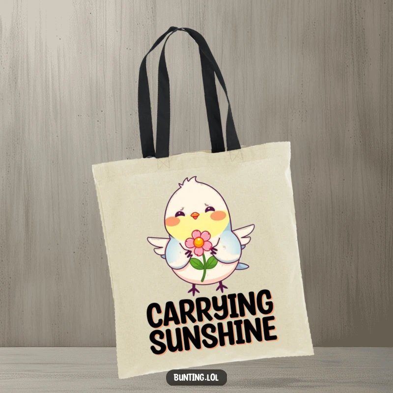Funny Tote Bag with a smiling bunting bird offering a colorful flower, a humorous and sweet companion for errands.