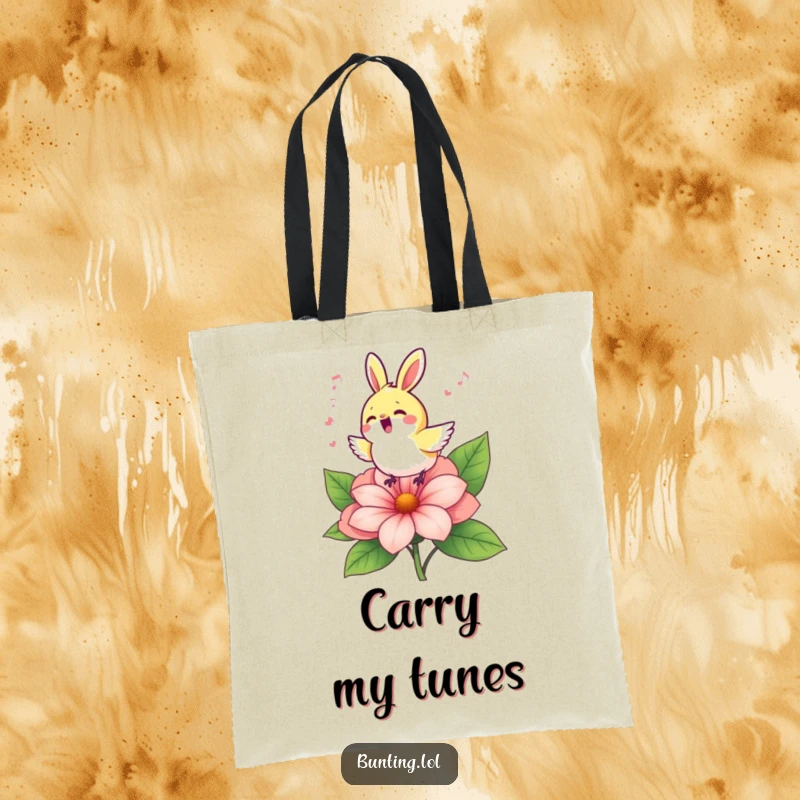 Funny bunting bird singing joyfully on a vibrant flower, showcased on a durable and stylish tote bag.