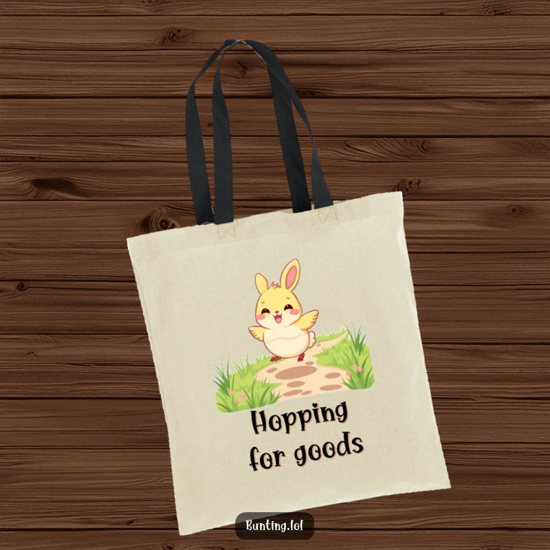 Funny bunting bird tote bag showing a bunting joyfully hopping along a grassy path, great for carrying essentials with cheer.