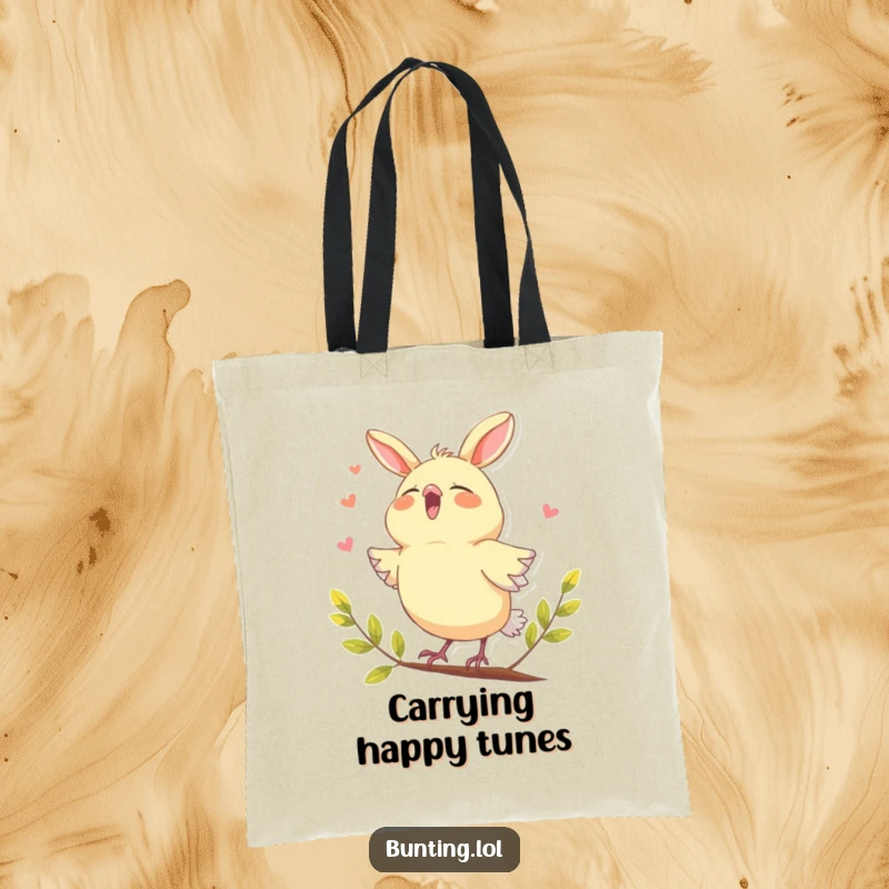 Funny bunting bird tote bag, humorously shown joyfully singing with its beak open, a cheerful and musical accessory.