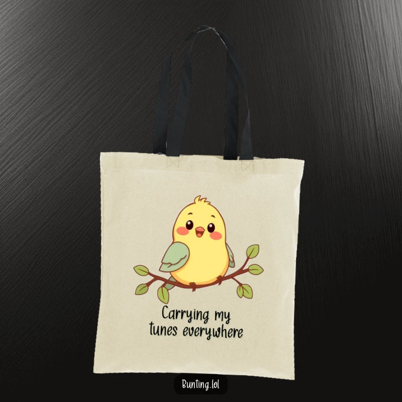 Funny Chirping Bunting Tote Bag: A cute bird is cheerfully singing on a branch, perfect for carrying essentials with humor.