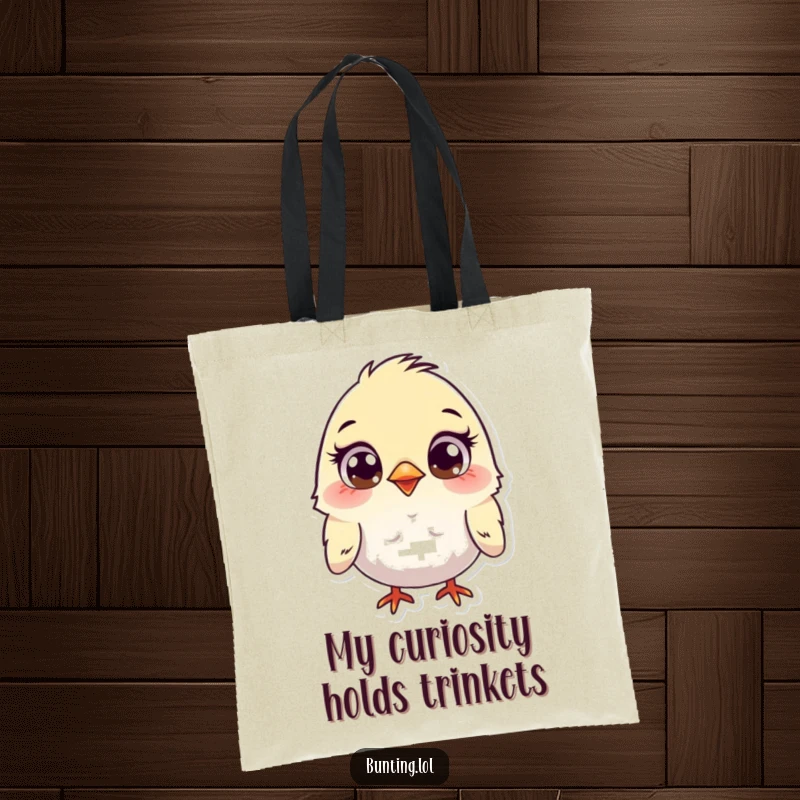 Funny Bunting Tote Bag featuring a cute bird with wide, curious eyes, exuding a sense of wonder, great for a funny, practical gift.
