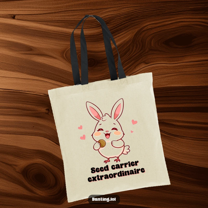 Funny bunting tote bag with a delighted bird smiling and sharing a seed, symbolizing friendship and generosity.