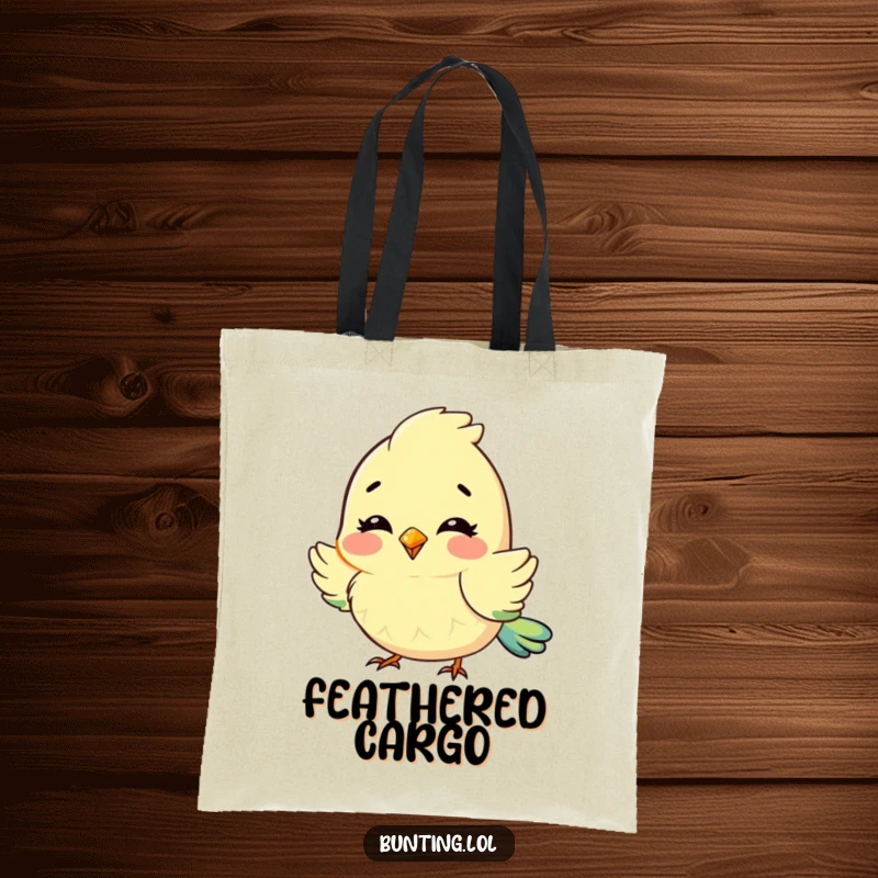 Funny Tote Bag featuring a cute bunting character fluffing its feathers with delight, showcasing soft and happy charm.