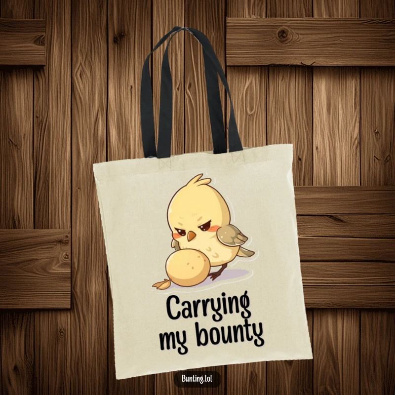 Funny Tote Bag showing a small bird character with a determined look, pecking at a large seed, great for carrying essentials with purpose.