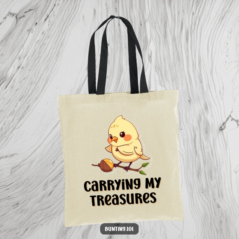 Funny Bunting Tote Bag showcasing a cute bird playfully pecking at a seed, great for a funny, practical gift.