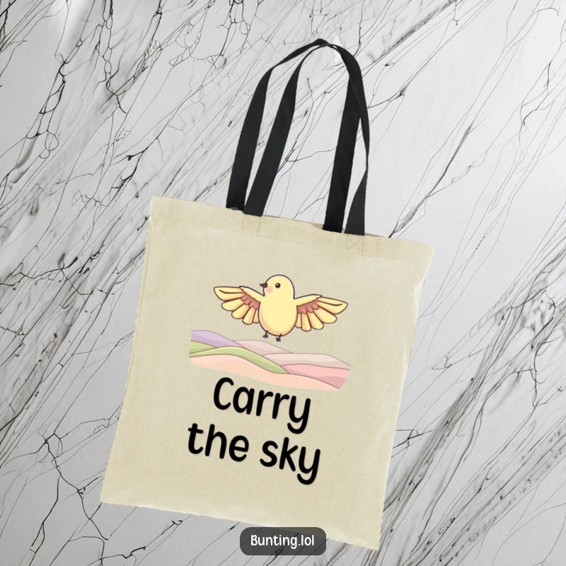 Funny Tote Bag showing a bunting bird shape with outstretched wings soaring over rolling hills, ideal for carrying essentials on the go.
