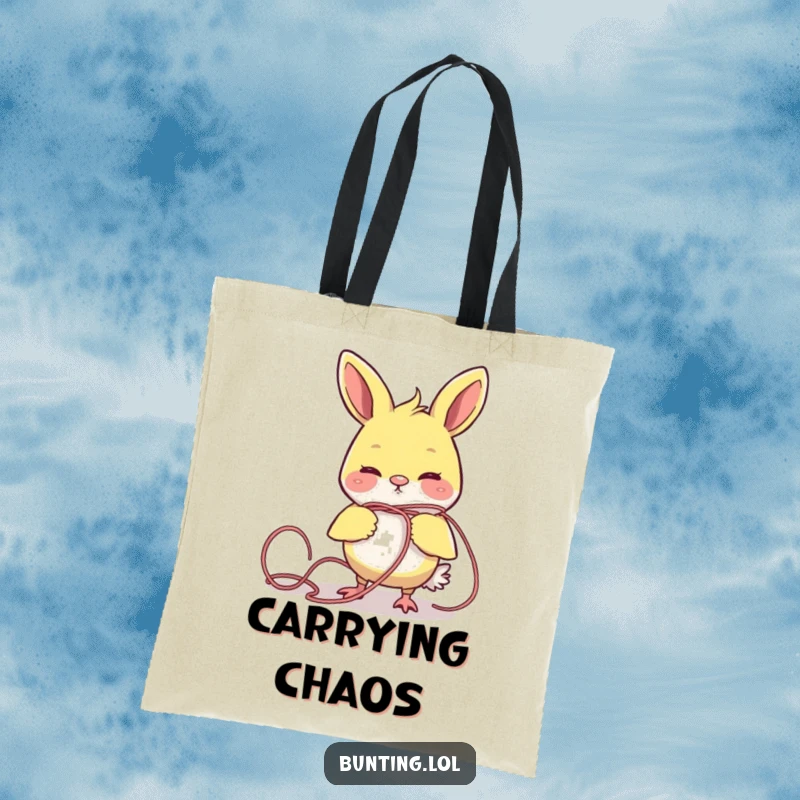 Funny bunting bird comically stuck in a tangle of yarn, showcased on a practical and humorous tote bag.