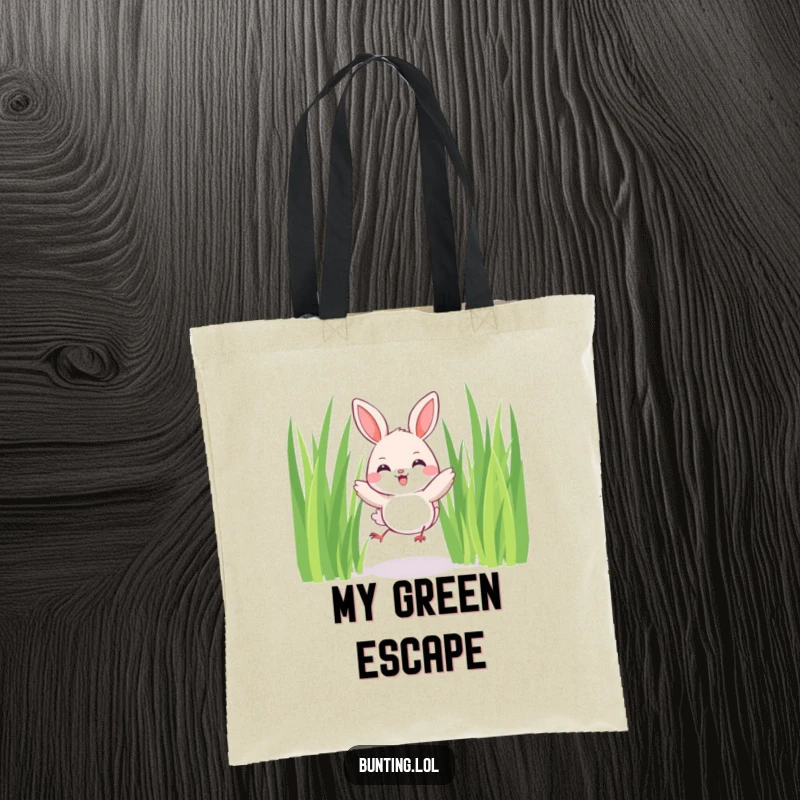 Funny Bunting Tote Bag showing a cute bird joyfully hopping among tall blades of grass, perfect for carrying happy thoughts.