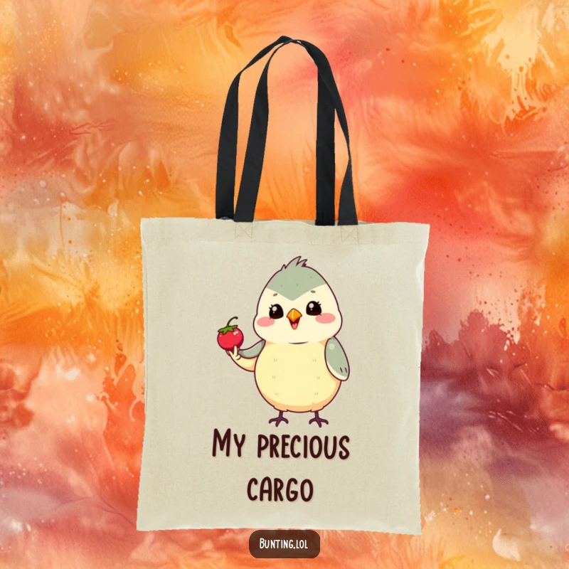 Funny Bunting Tote Bag showcasing a cute bird proudly holding a tiny berry, great for a funny, practical gift.