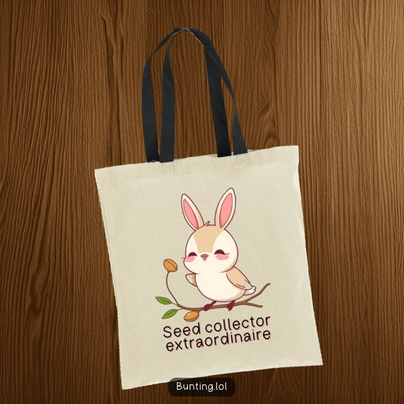Funny bunting bird tote bag featuring a character tilting its head curiously towards a seed, perfect for bird watchers.