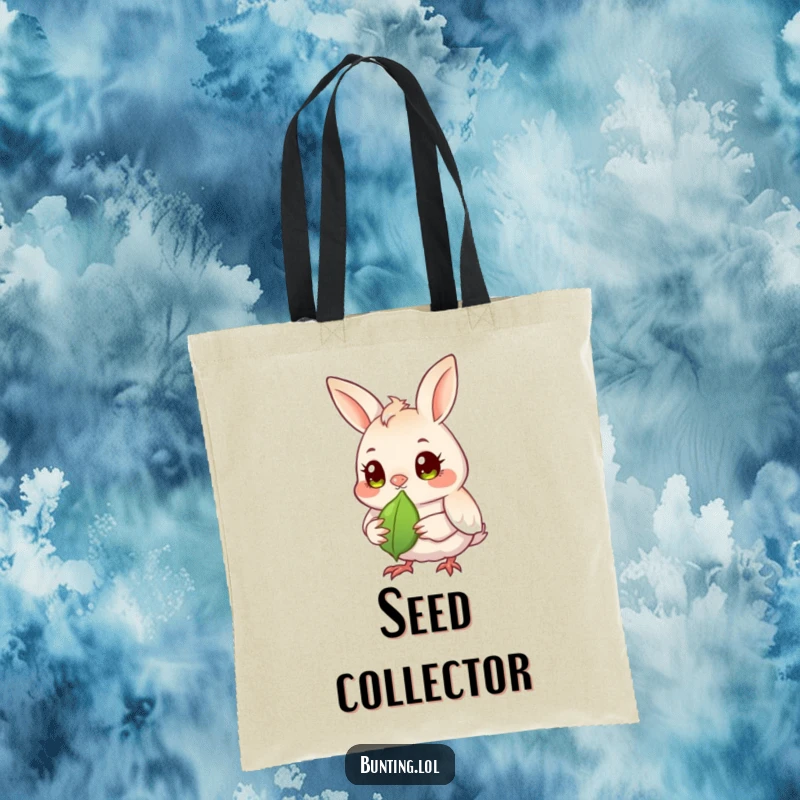 Funny bunting bird tote bag showing a bunting with bright, observant eyes focused on a seed, perfect for carrying essentials.