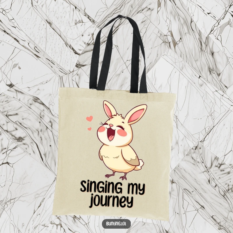 Funny bunting tote bag, illustrating a bird singing with its beak wide open, perfect for carrying music essentials.